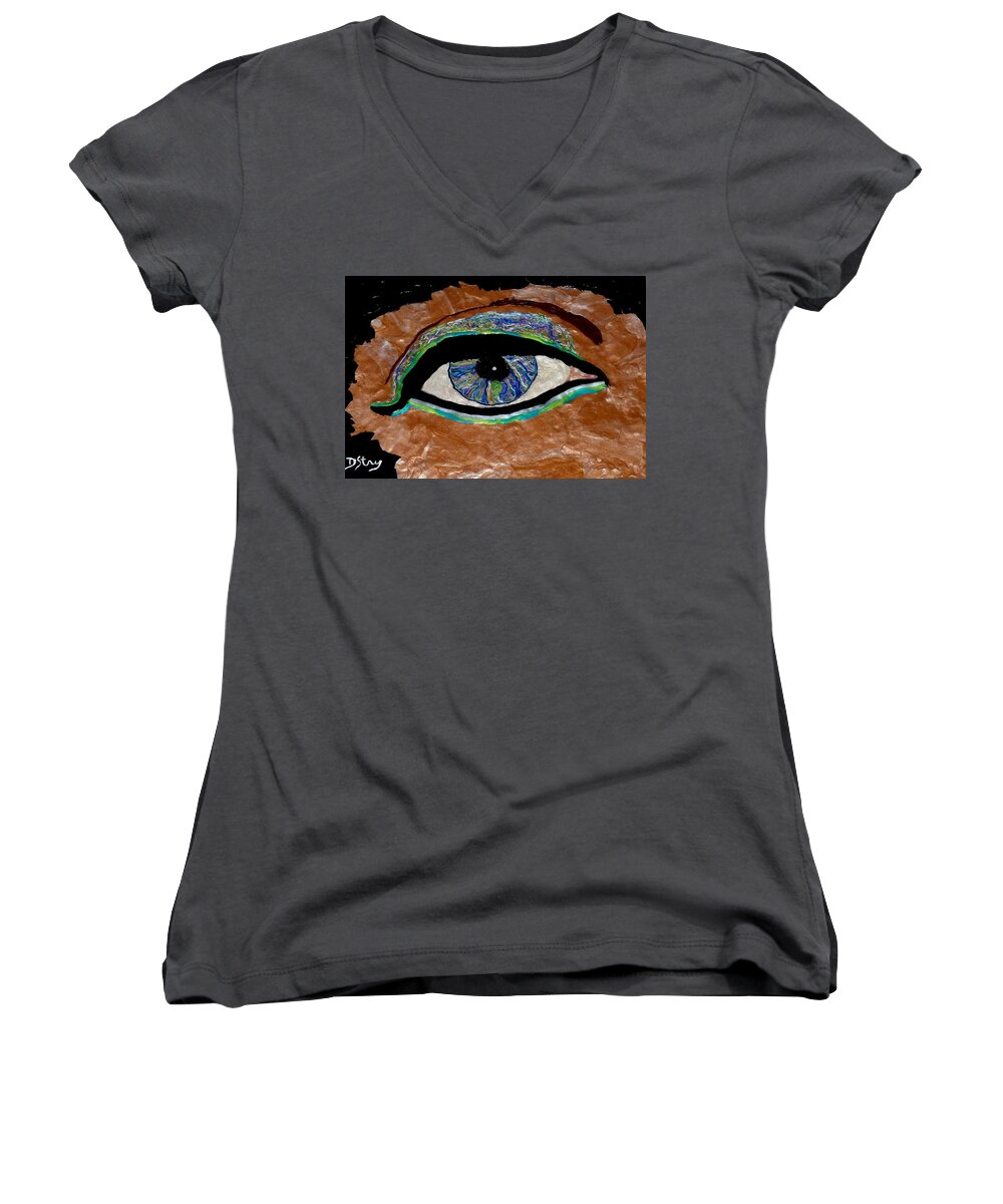 Eye Women's V-Neck featuring the mixed media The Looker by Deborah Stanley