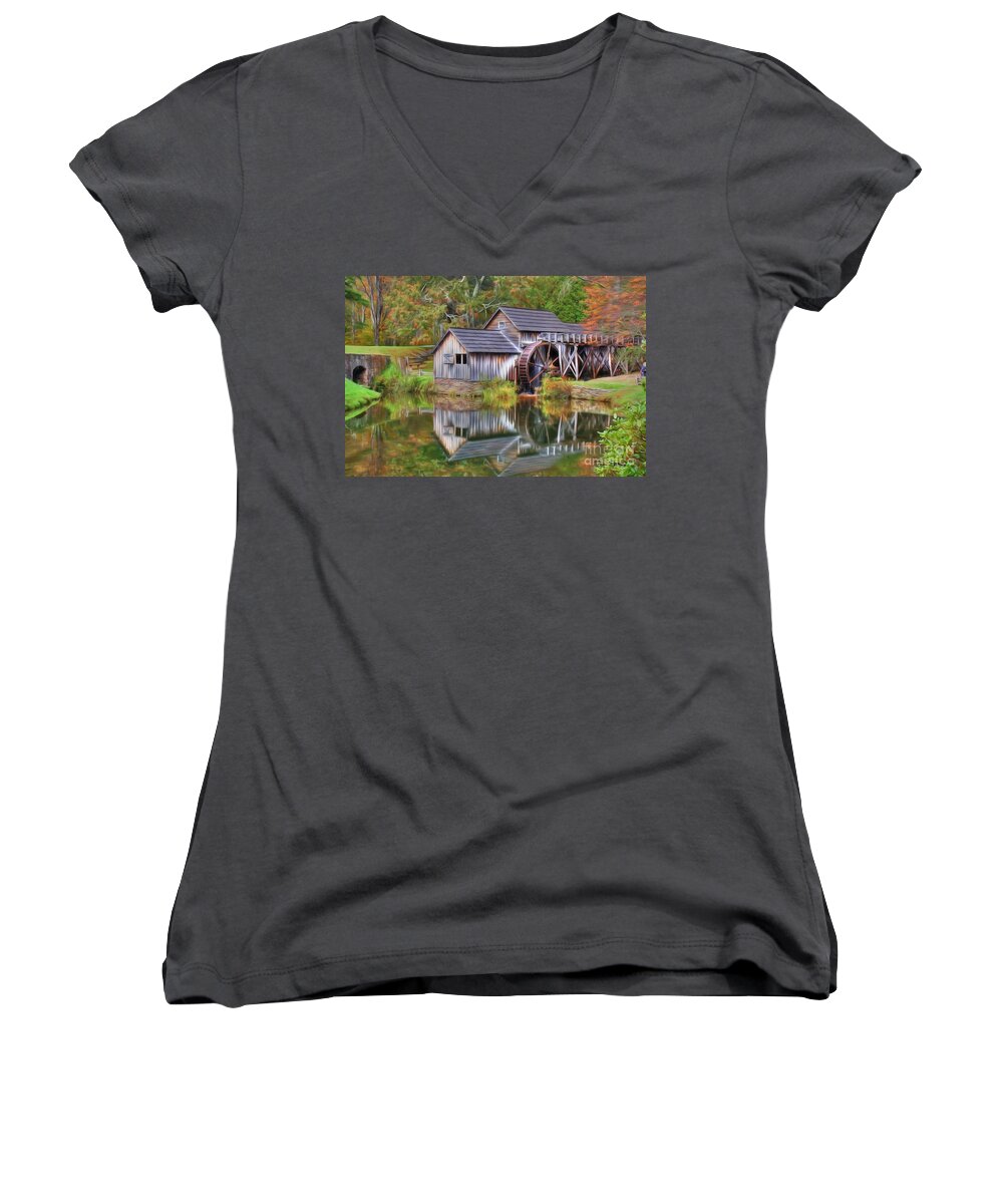 Wheel Women's V-Neck featuring the digital art The Painted Mill by Dan Stone