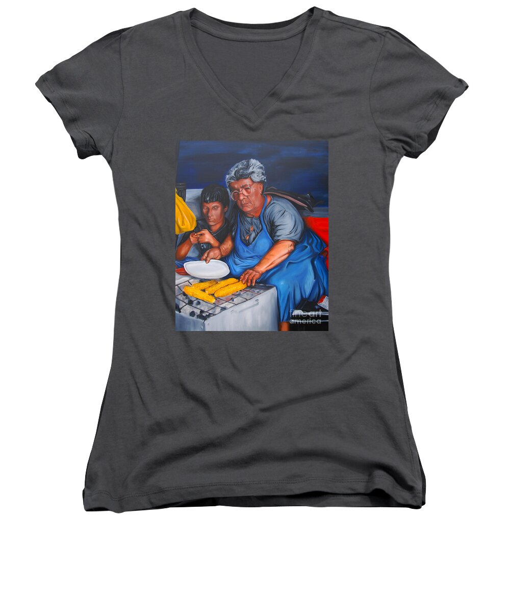 Corn Women's V-Neck featuring the painting The Parga Corn Seller by James Lavott