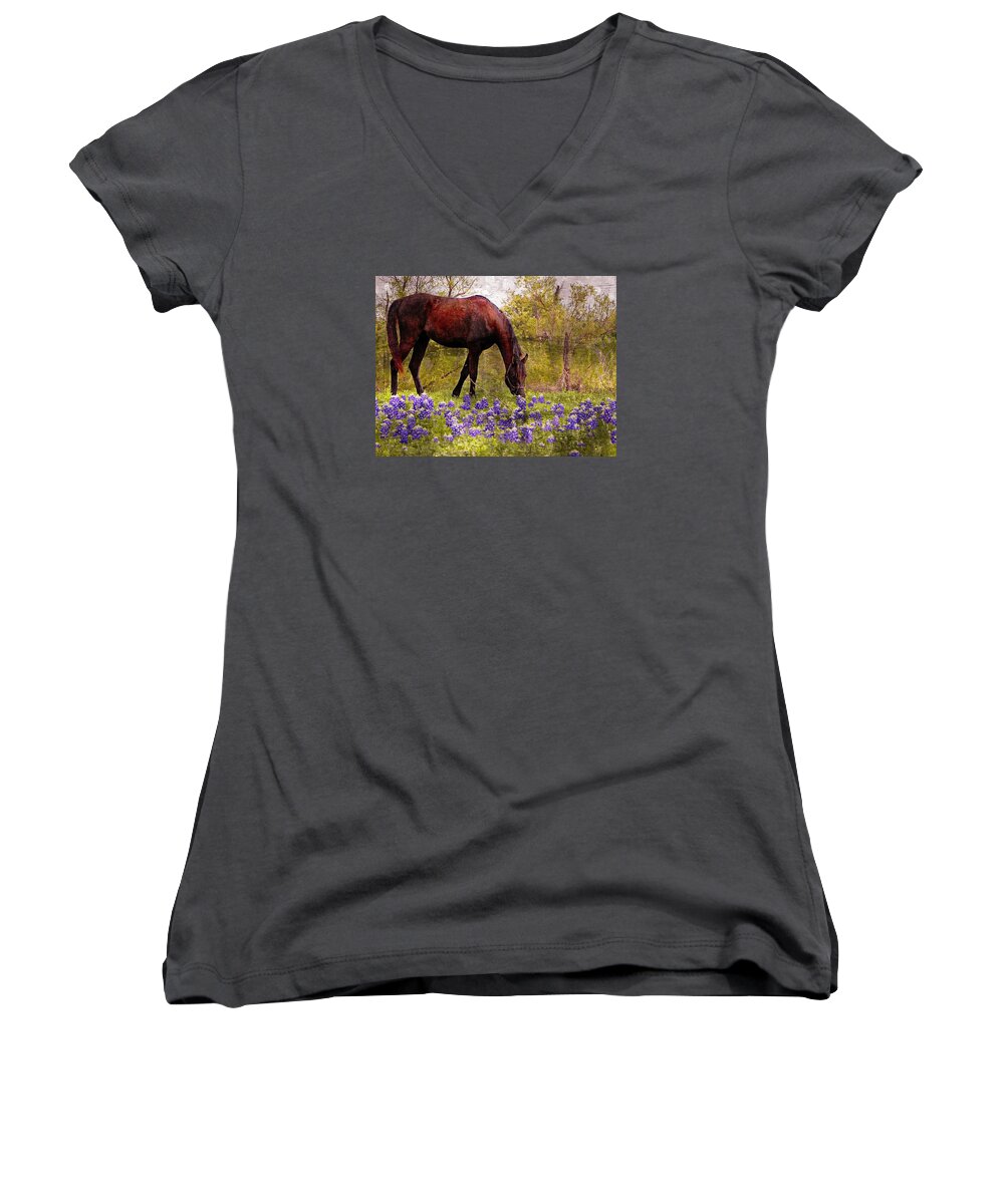 Horse Women's V-Neck featuring the photograph The Pasture by Kathy Churchman