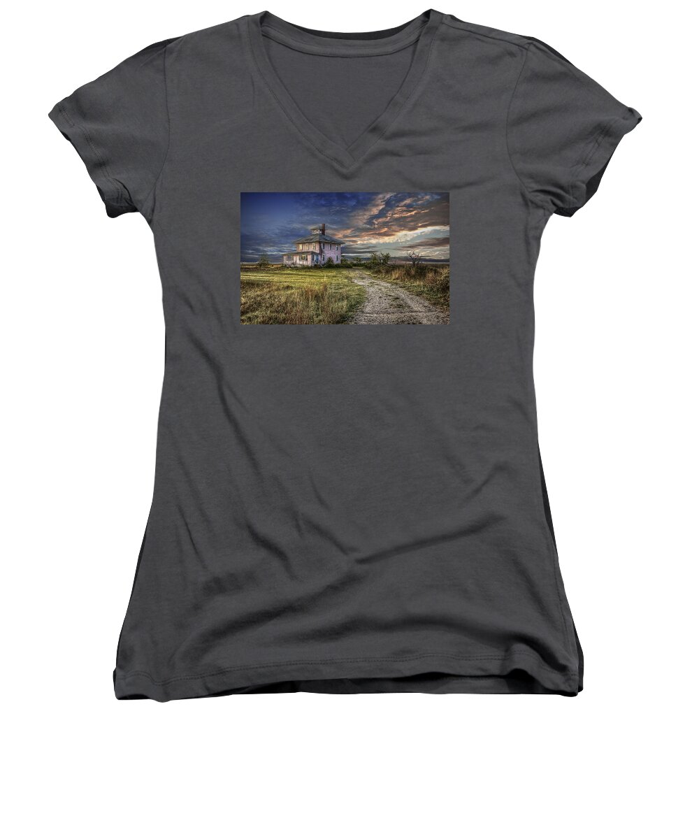 Pink Women's V-Neck featuring the photograph The Pink House - color by Rick Mosher