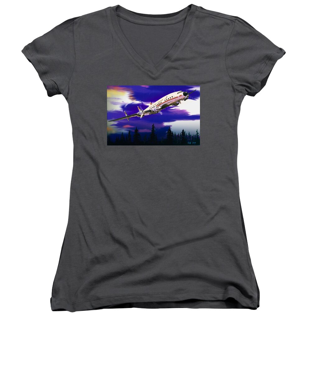 Airlines Women's V-Neck featuring the digital art The Queen of the Fleet Leaving Seattle by J Griff Griffin