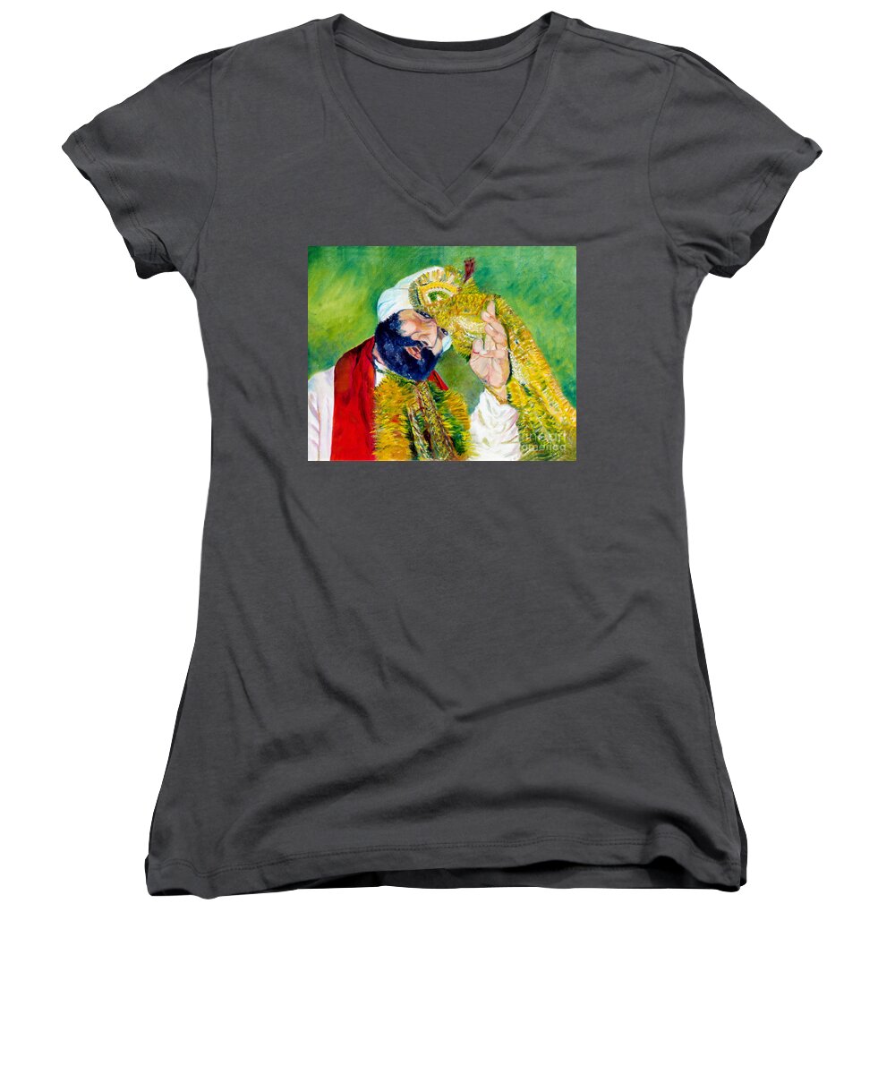 Groom Women's V-Neck featuring the painting The Sikh groom by Sarabjit Singh