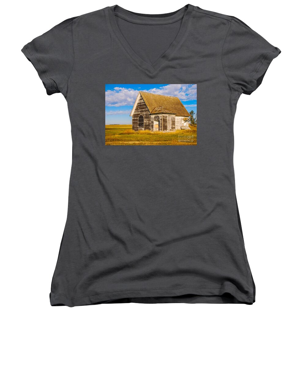 Mary Carol Story Women's V-Neck featuring the photograph The Sunbeam Church by Mary Carol Story
