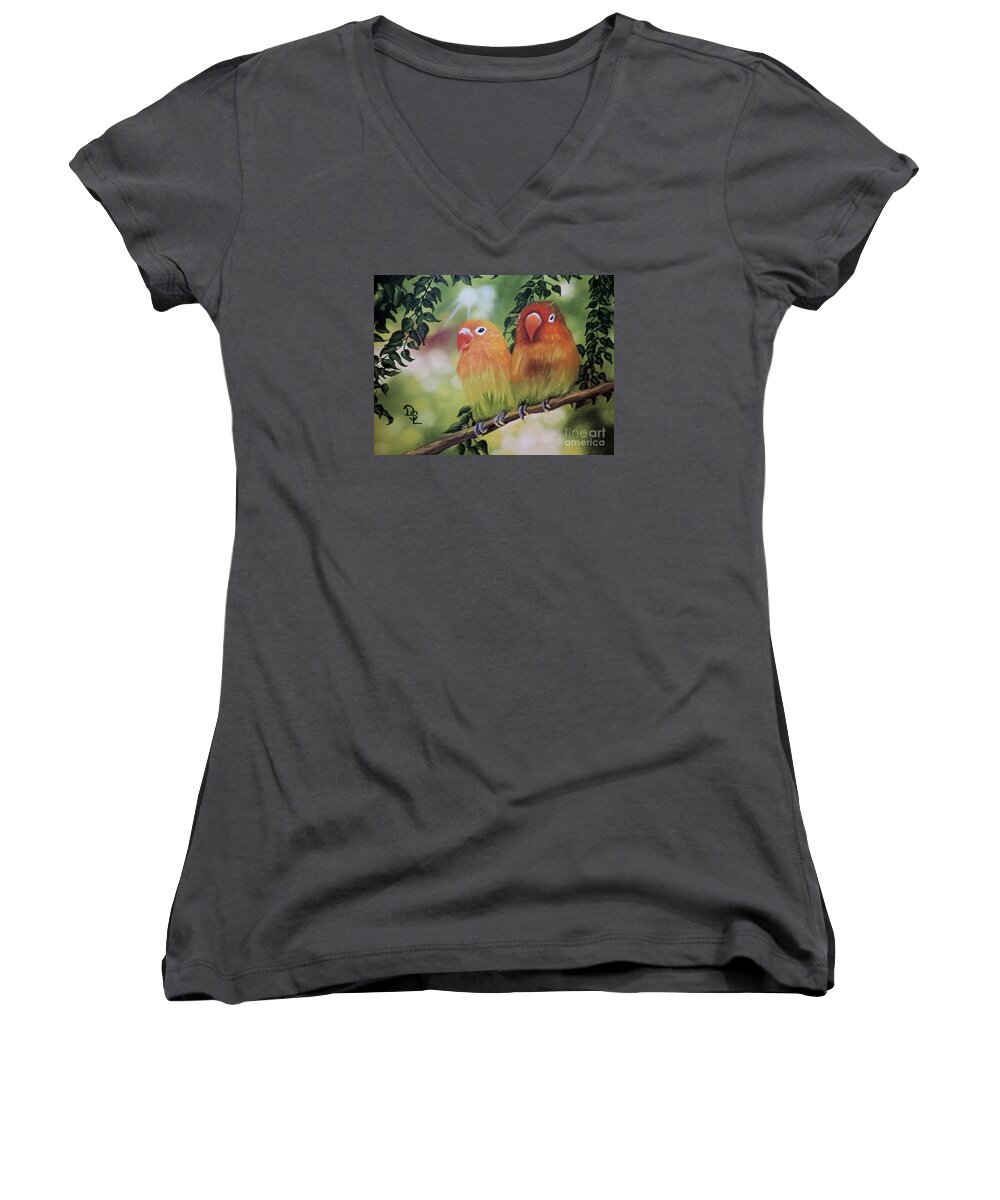 Yellows Women's V-Neck featuring the painting The Tweetest Love by Dianna Lewis