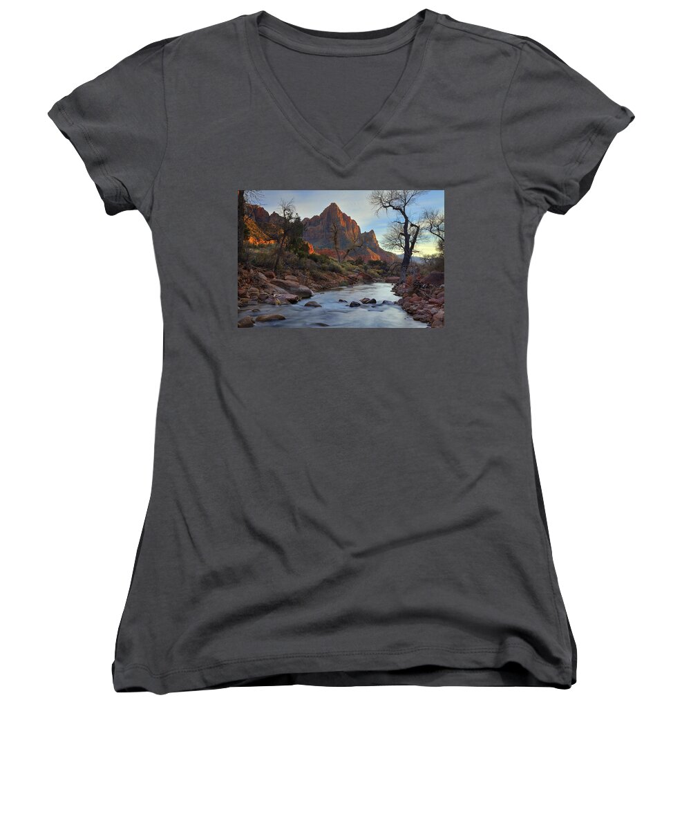 Zion Women's V-Neck featuring the photograph The Watchman in Winter-2 by Alan Vance Ley
