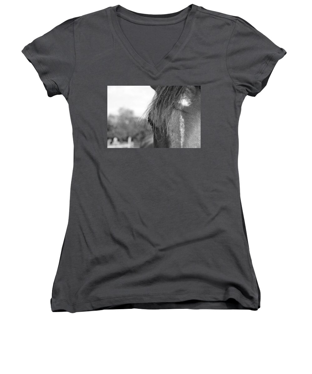 Thoroughbred Women's V-Neck featuring the photograph Thoroughbred b/w by Jennifer Ancker