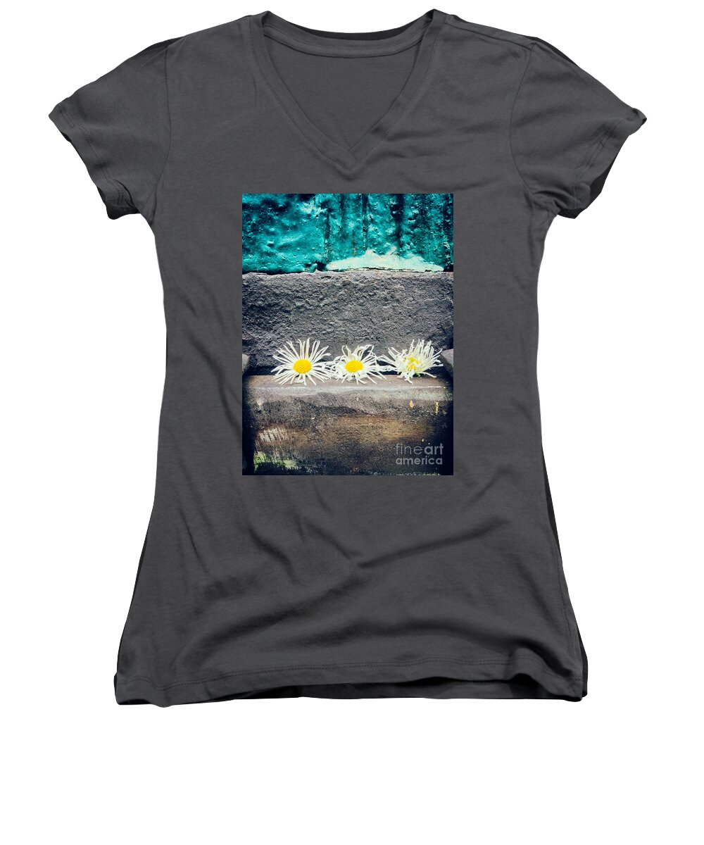 Copy Space Women's V-Neck featuring the photograph Three daisies stuck in a door by Silvia Ganora