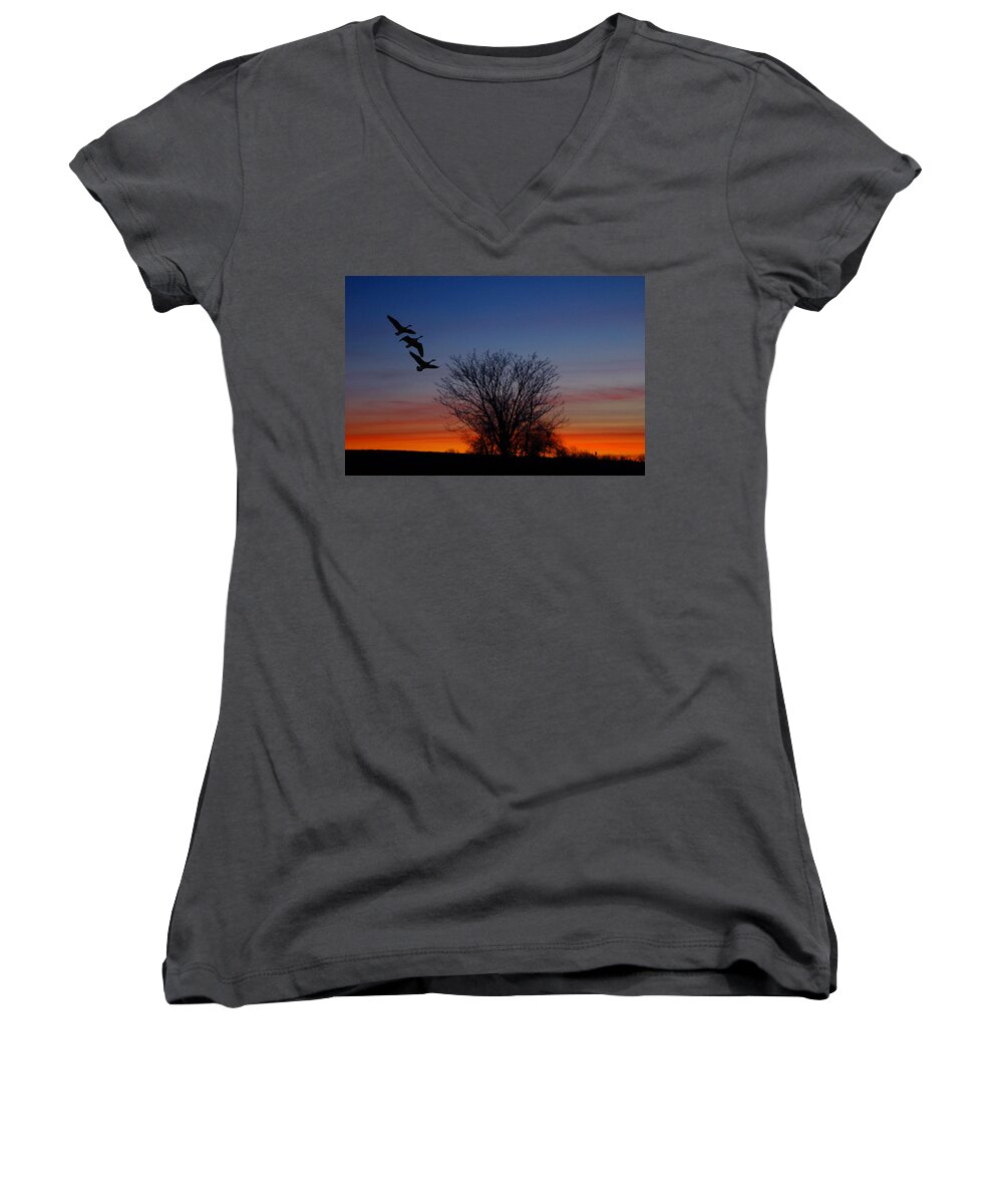 Three Geese At Sunset Women's V-Neck featuring the photograph Three Geese at Sunset by Raymond Salani III