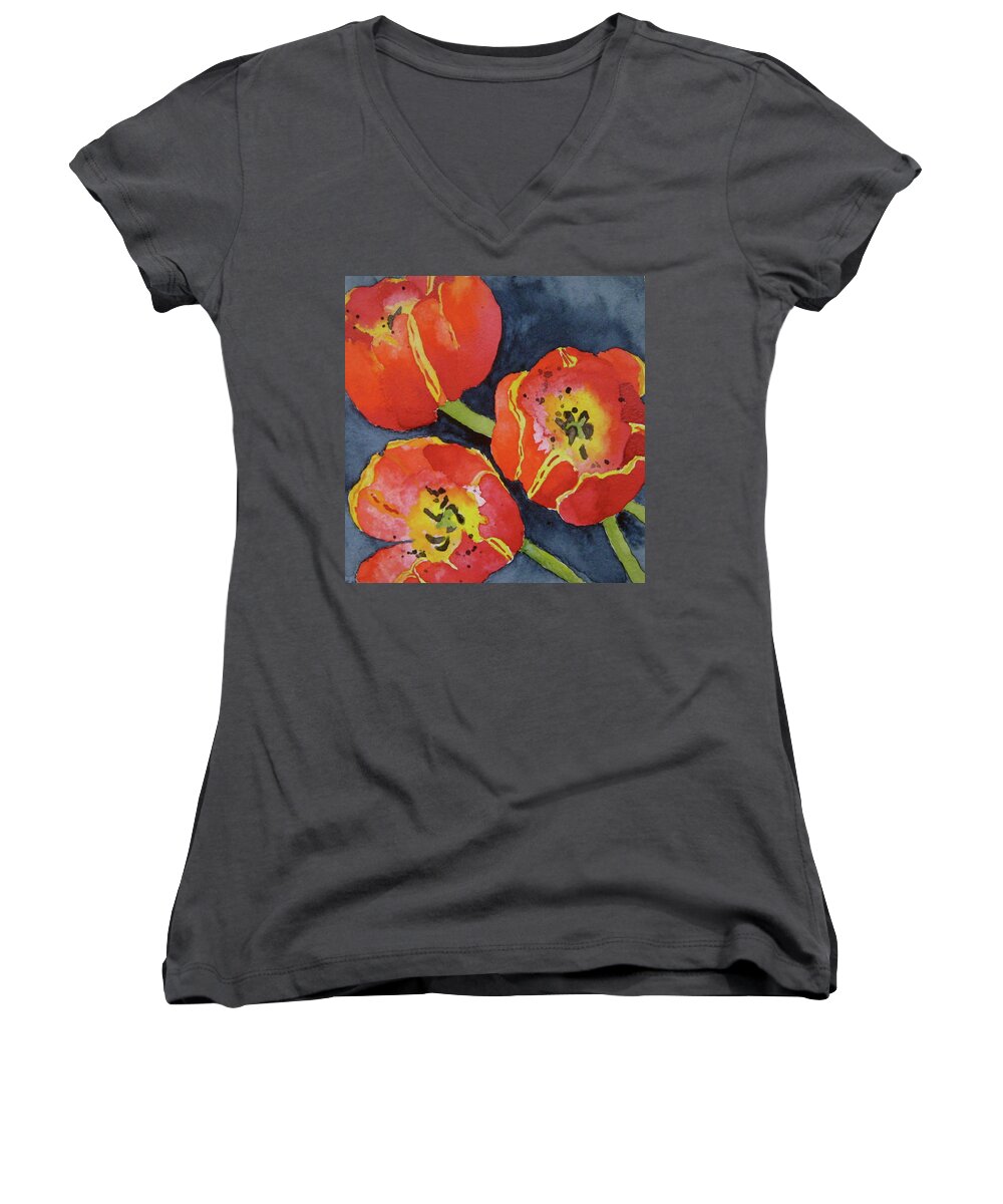 Tulips Women's V-Neck featuring the painting Three Sisters by Beverley Harper Tinsley