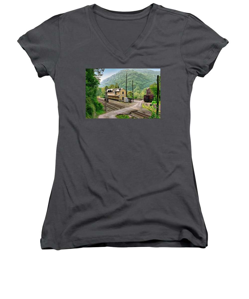 Thrumond Women's V-Neck featuring the photograph Thurmond after the Rain by Mary Almond