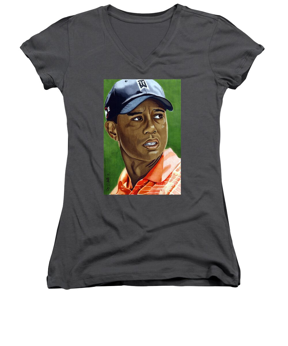 Golf Women's V-Neck featuring the drawing Tiger by Cory Still