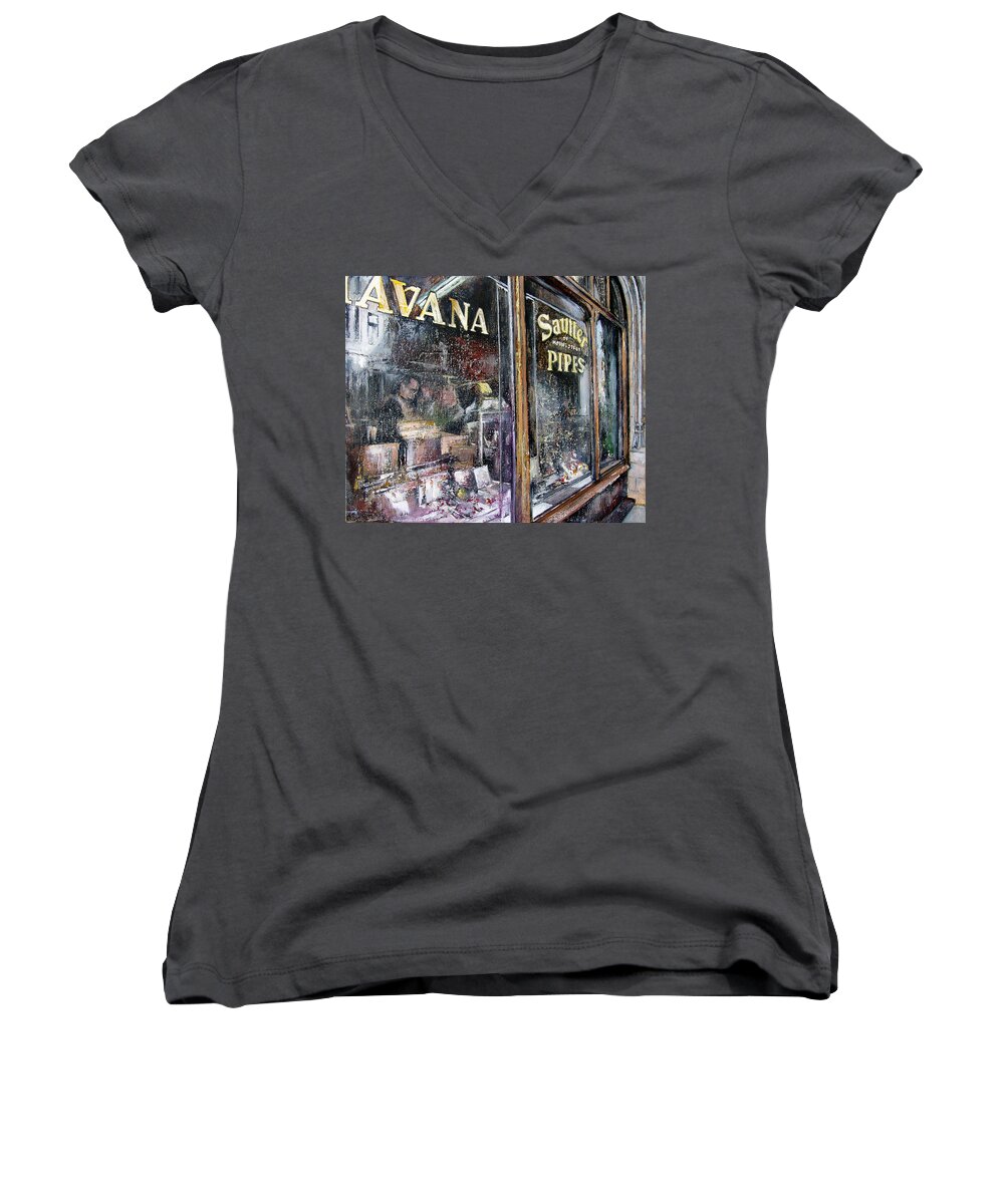 Tobacconists Women's V-Neck featuring the painting Tobacconists Sautter of Mount Street -London by Tomas Castano
