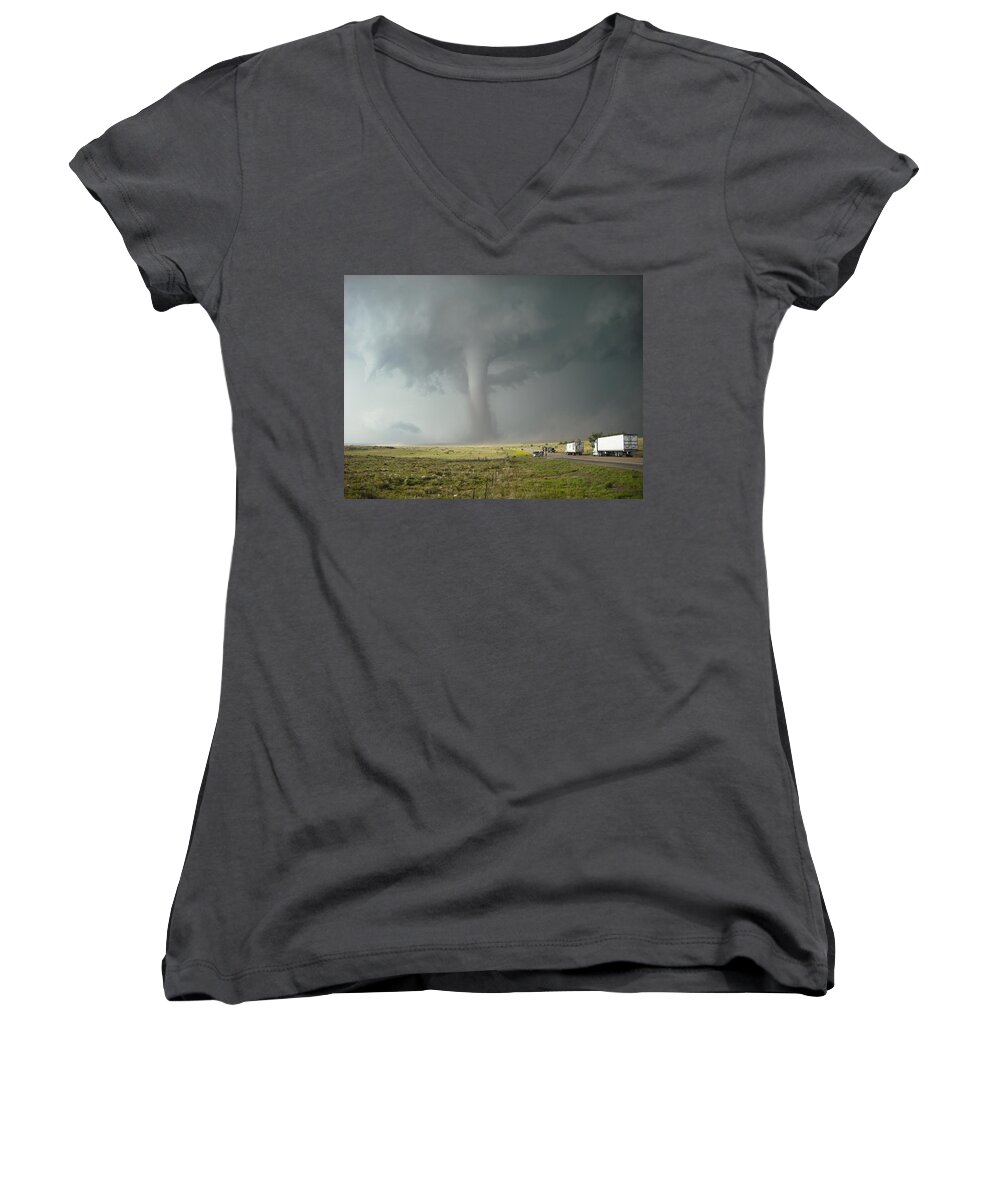 Tornado Women's V-Neck featuring the photograph Tornado Truck Stop by Ed Sweeney