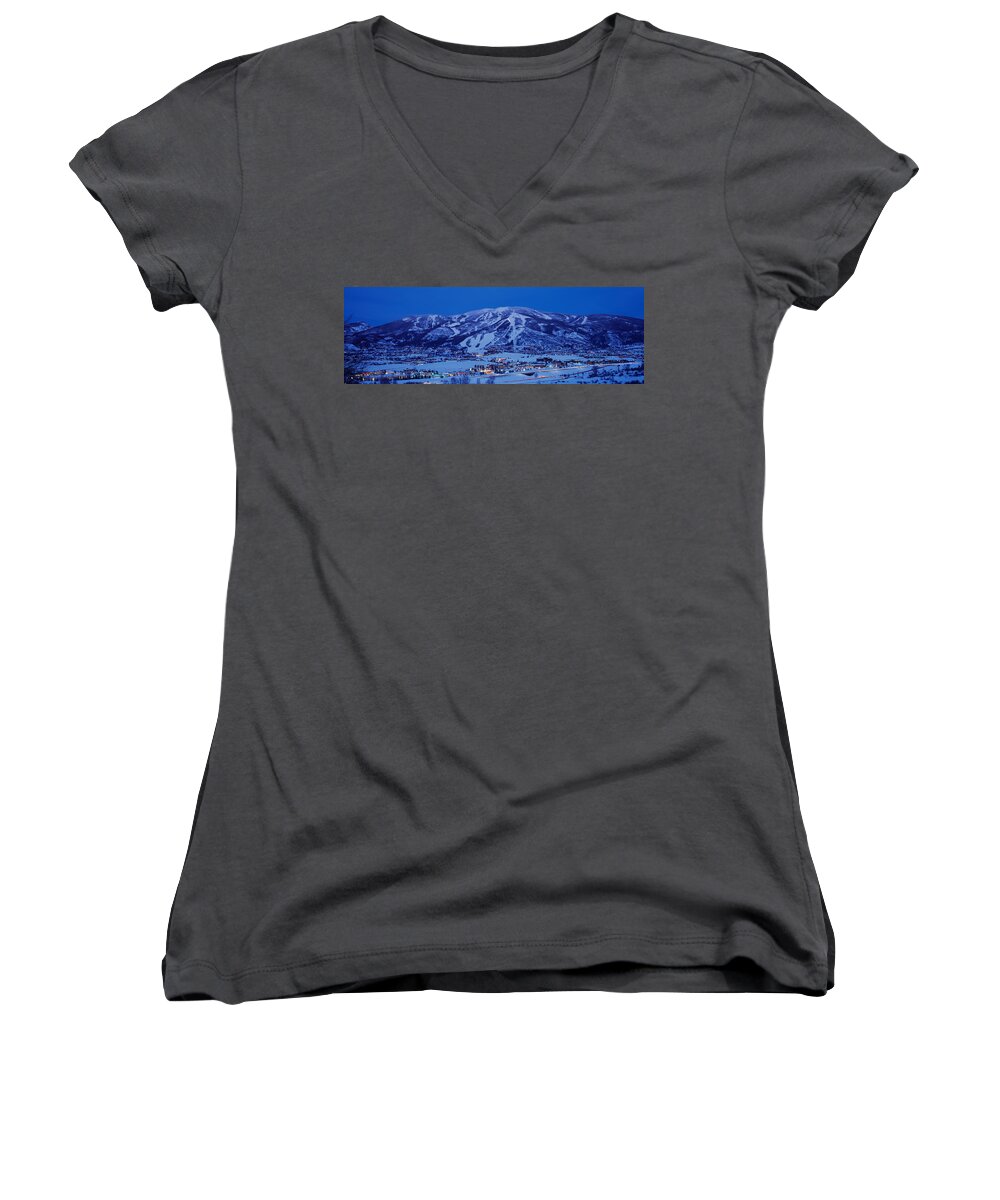 Photography Women's V-Neck featuring the photograph Tourists At A Ski Resort, Mt Werner by Panoramic Images