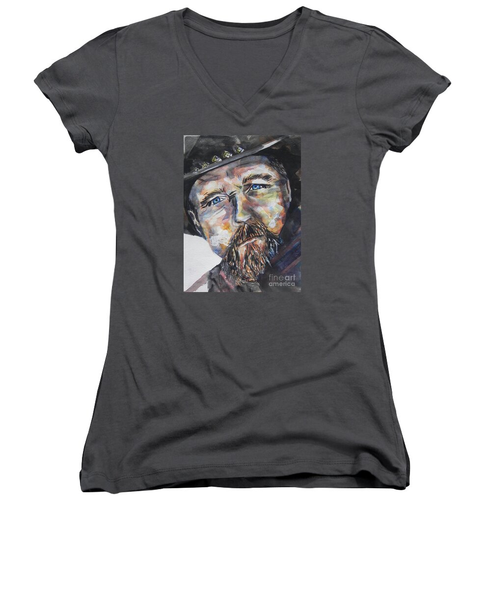 Watercolor Painting Women's V-Neck featuring the painting Trace Adkins..Country Singer by Chrisann Ellis