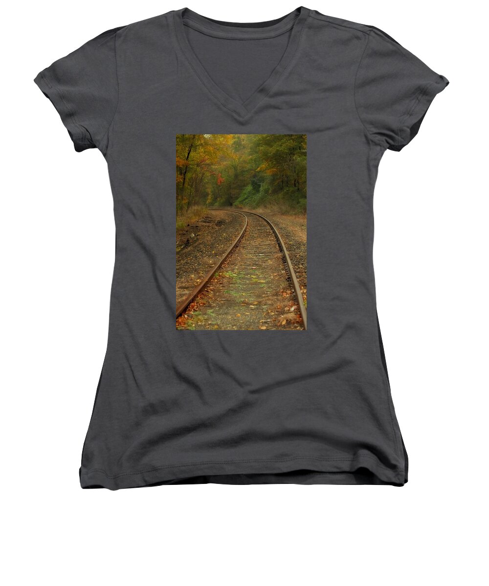 Train Women's V-Neck featuring the photograph Tracking thru the Woods by Karol Livote