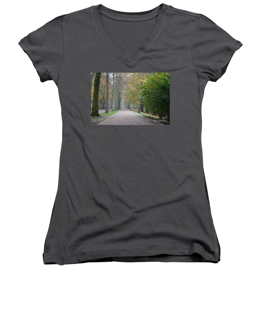 Bruges Women's V-Neck featuring the photograph Tree lined path in Fall season Bruges Belgium by Imran Ahmed