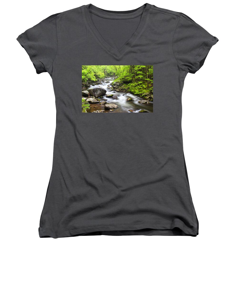 Great Smoky Mountain National Park Women's V-Neck featuring the photograph Tremont Spring - Great Smoky Mountains by Nancy Dunivin