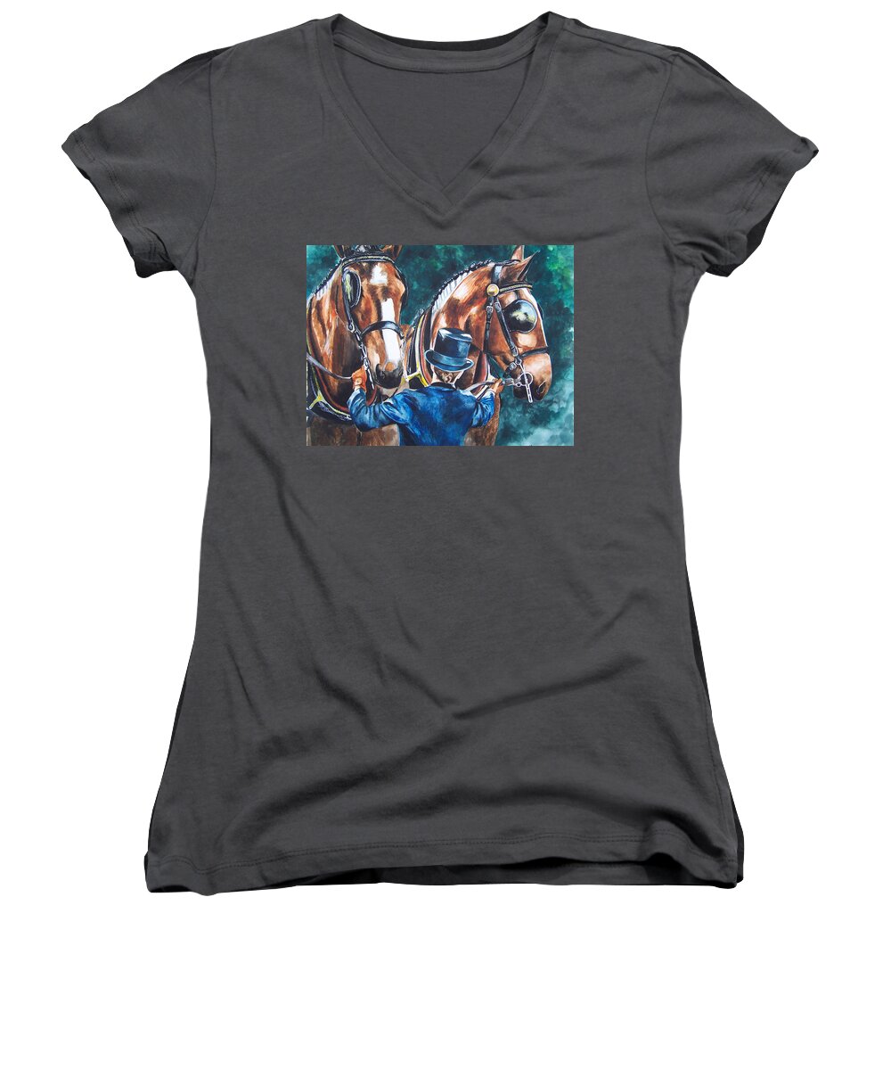 Draft Women's V-Neck featuring the painting Two in Hand by Kathy Laughlin