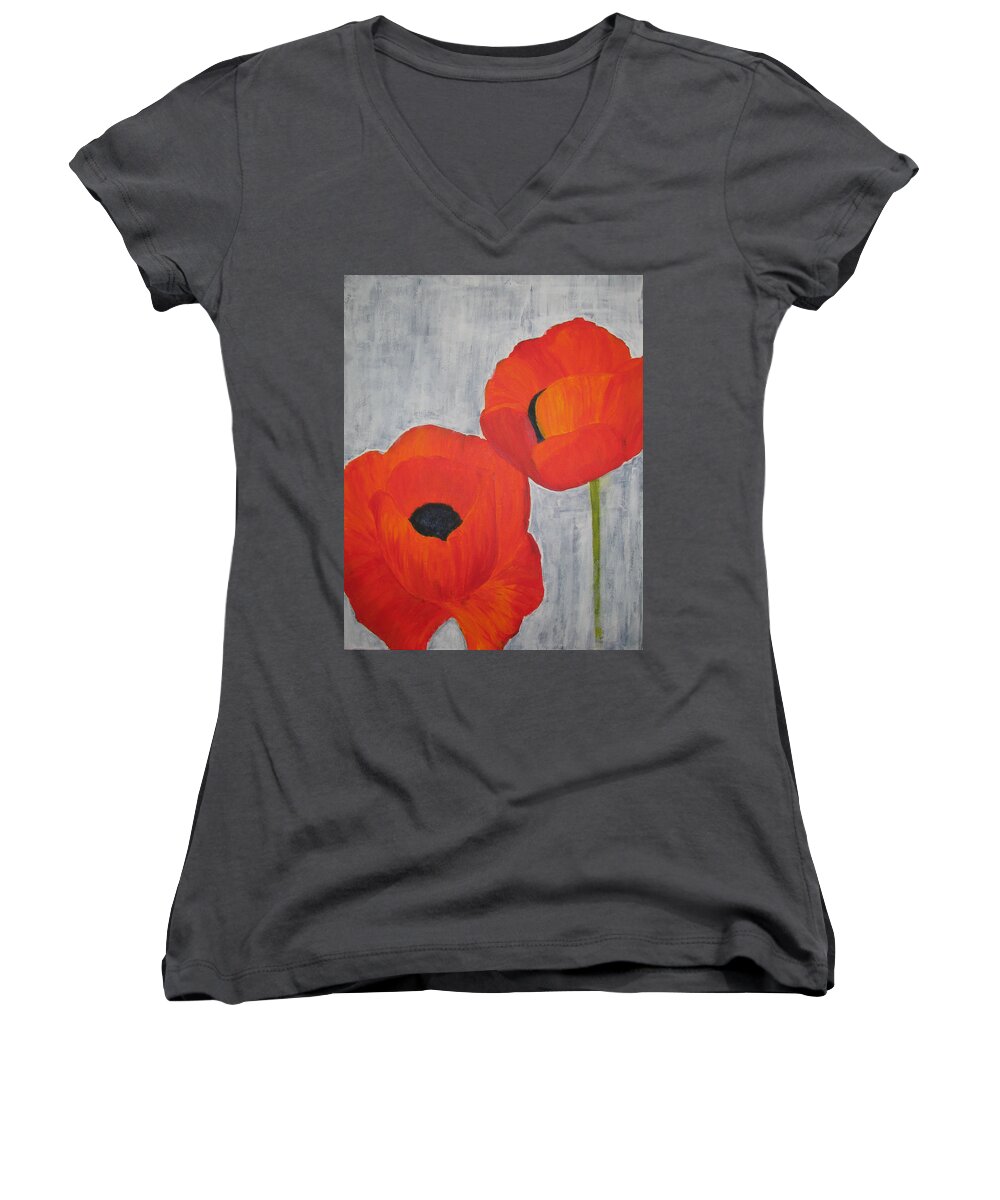Flower Women's V-Neck featuring the painting Two Poppies and Old Denim by Stephanie Grant