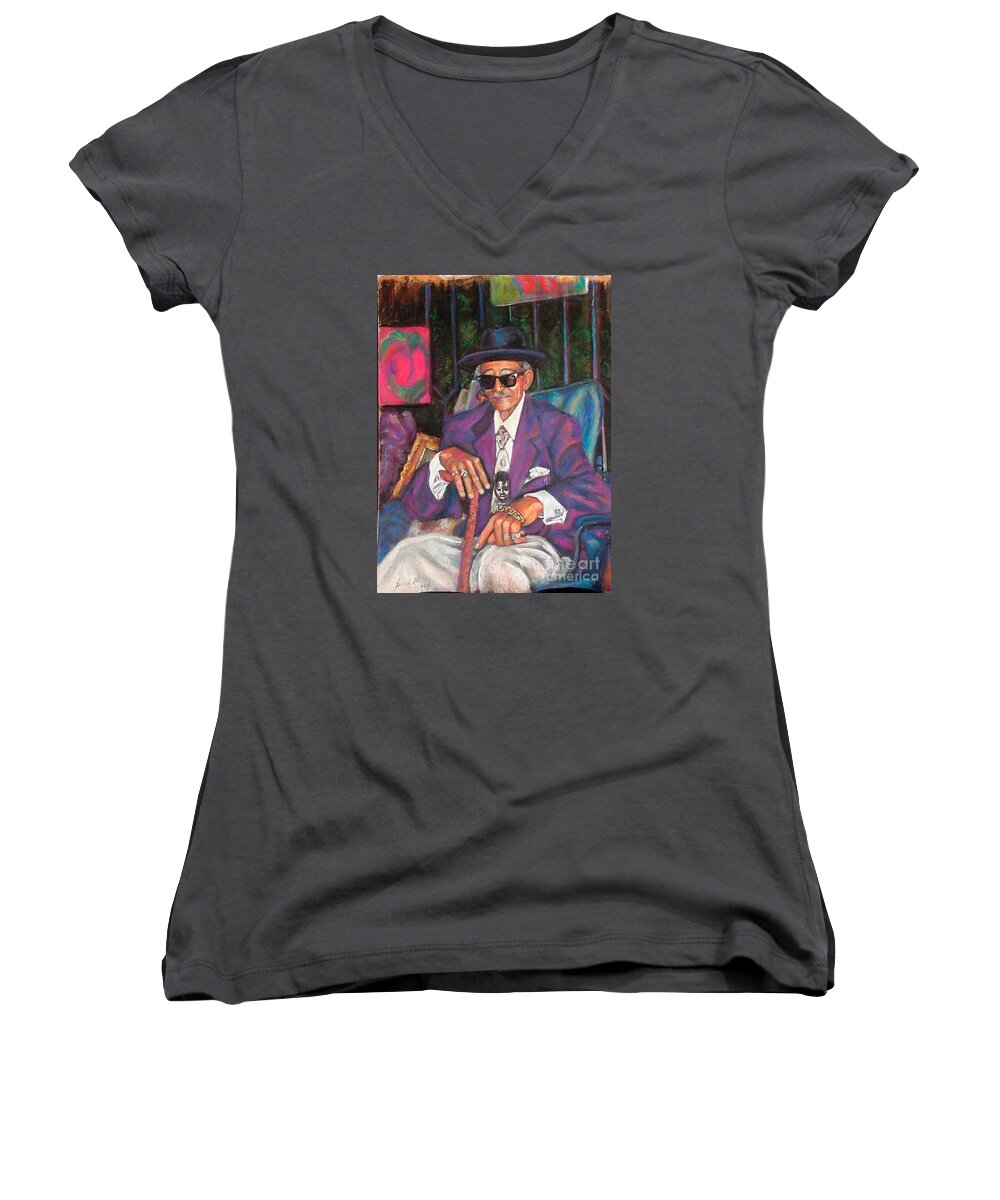 New Orleans Musician Women's V-Neck featuring the painting Uncle With Time on His Hands by Beverly Boulet
