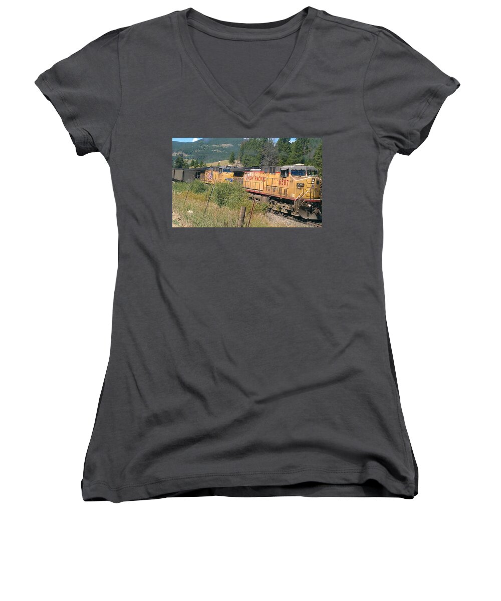 Landscape Women's V-Neck featuring the photograph Union Pacific 6587 by Fortunate Findings Shirley Dickerson