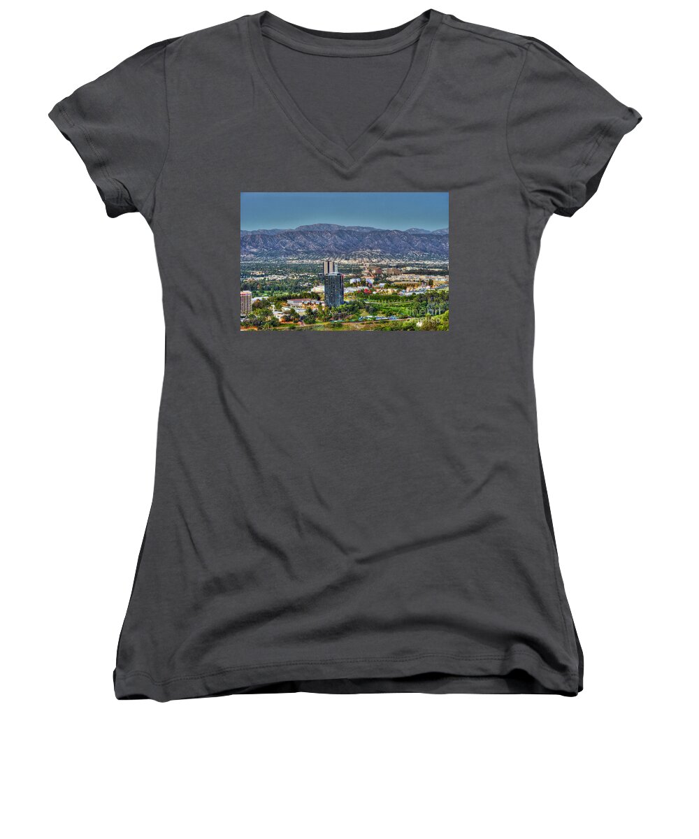 Clear Day Women's V-Neck featuring the photograph Universal City Warner Bros Studios Clear Day by David Zanzinger