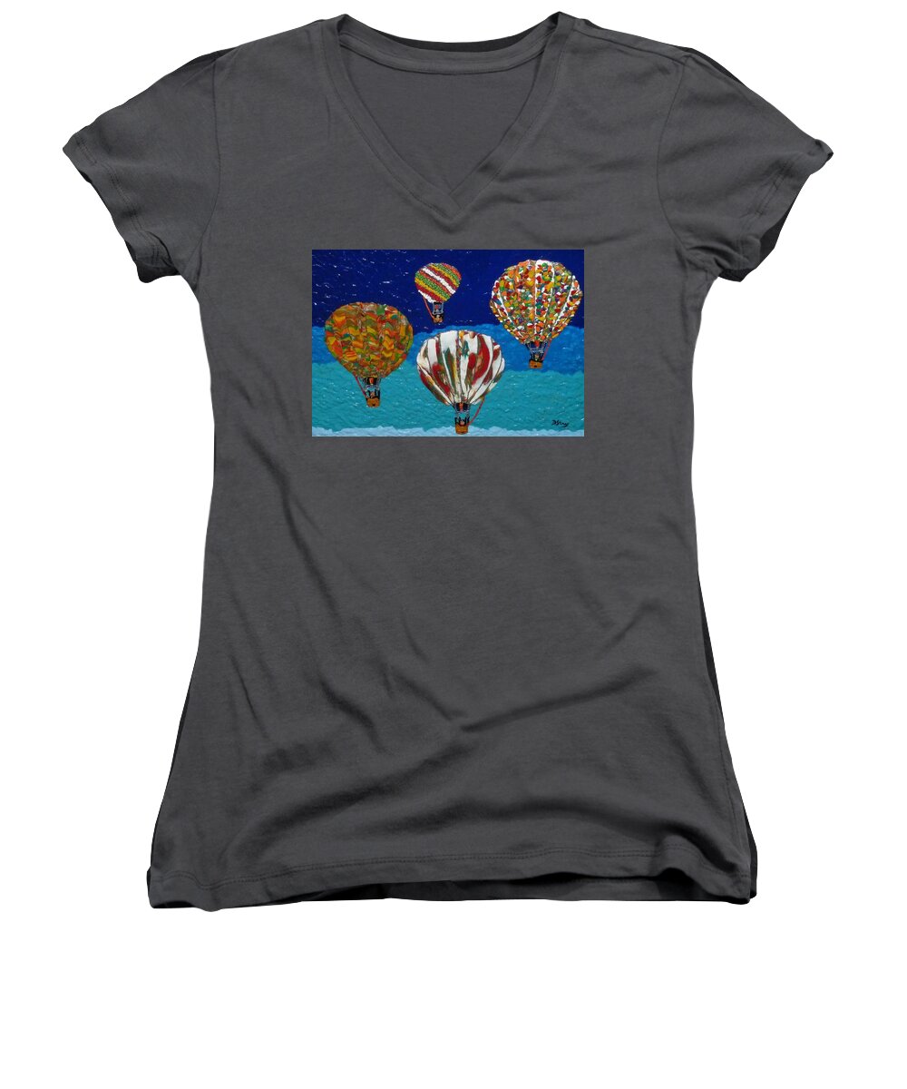 Balloon Women's V-Neck featuring the mixed media Up Up and Away by Deborah Stanley