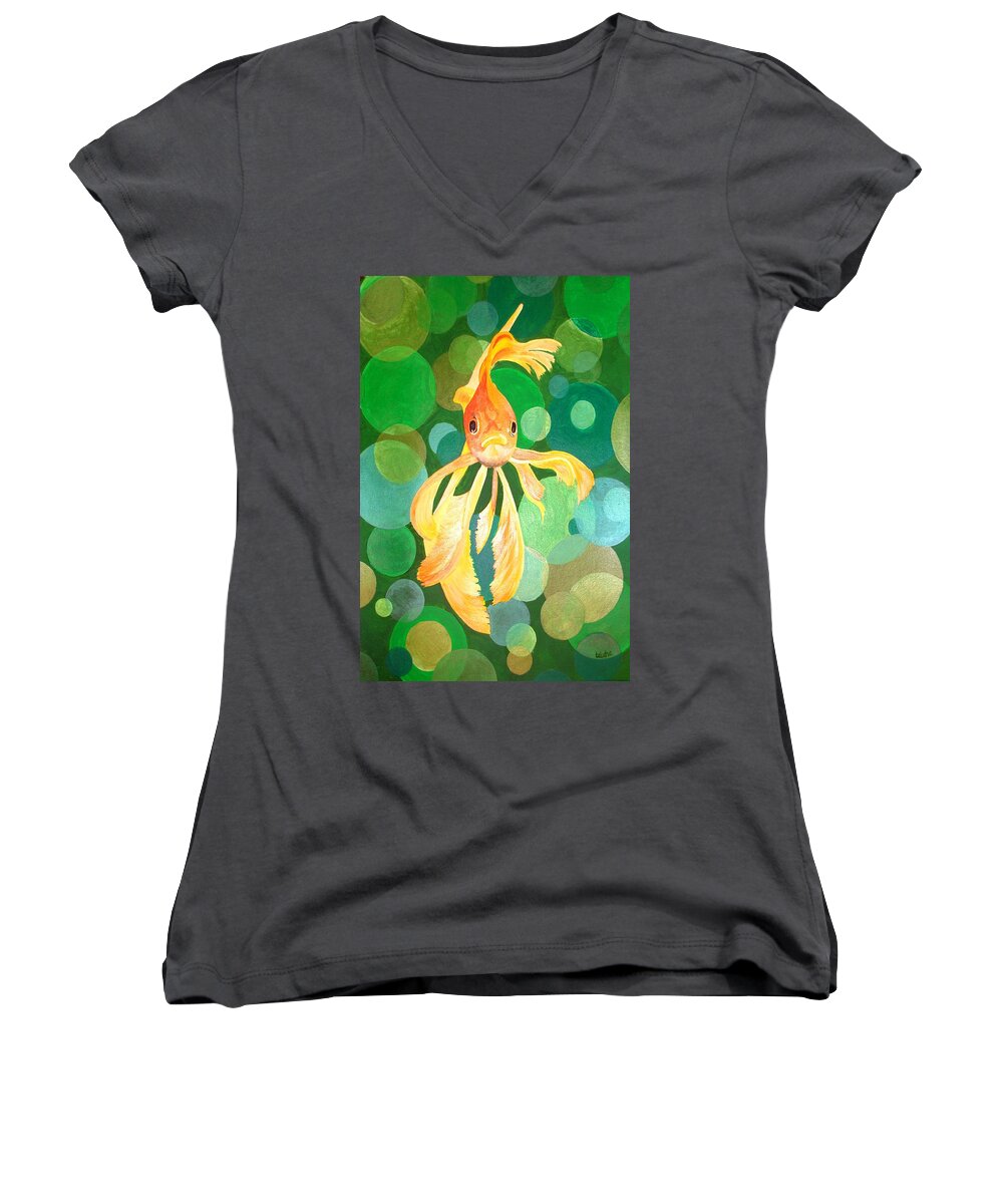 Fantail Women's V-Neck featuring the painting Vermilion Goldfish by Taiche Acrylic Art