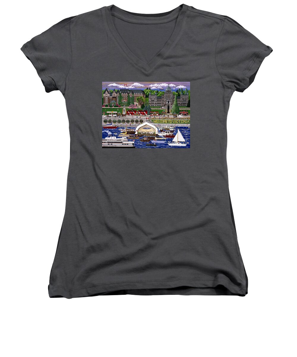 Victoria Parliament Building Empress Hotel Sailboats Ferry Flowers Vancouver Women's V-Neck featuring the painting Victoria by Jennifer Lake