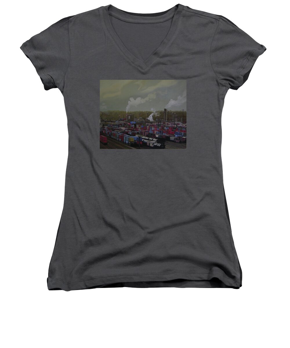 Industrial Landscape Women's V-Neck featuring the painting View from Viaduct by Thu Nguyen