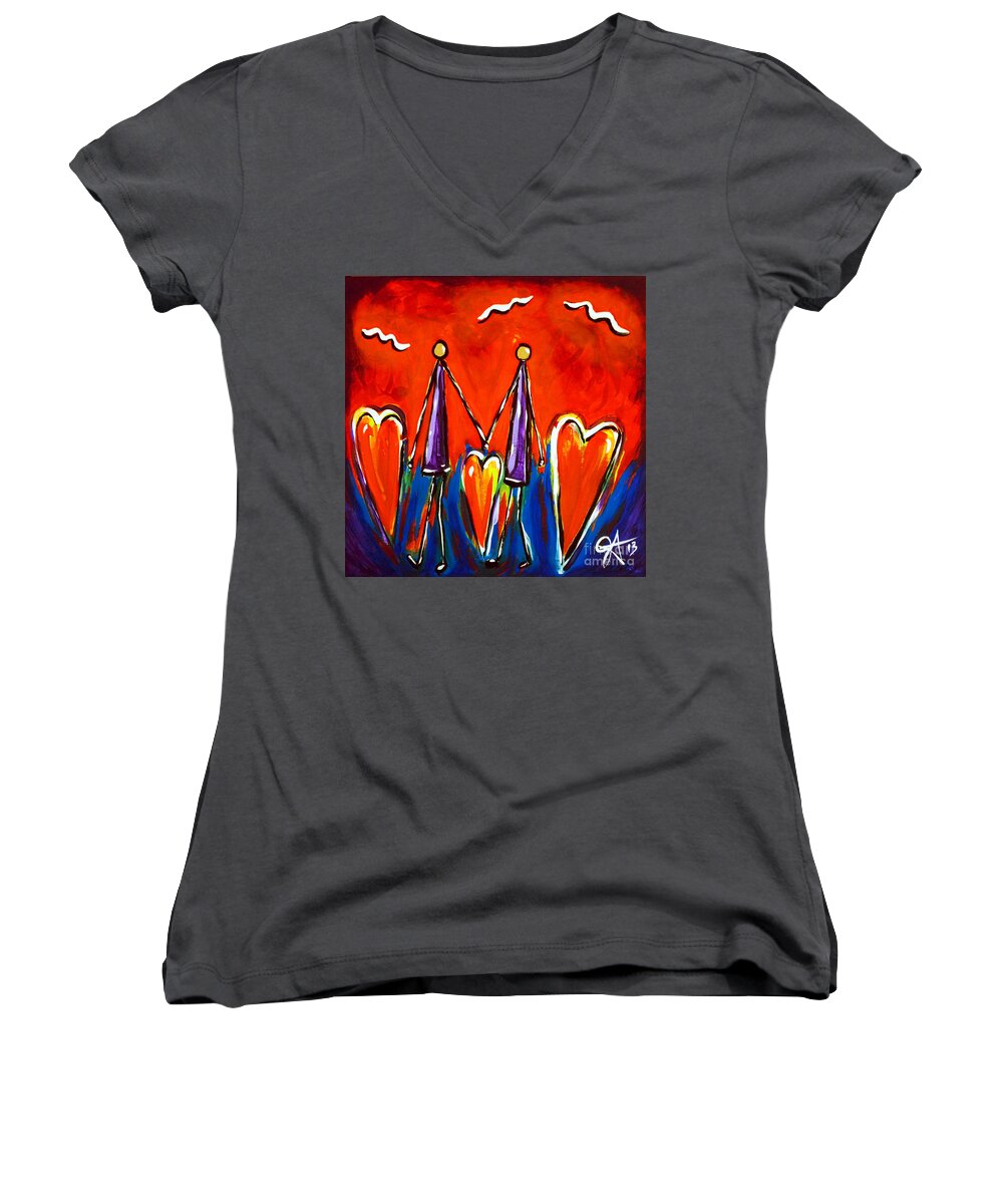 Walk Women's V-Neck featuring the painting Walk With Me Love Hearts Soulmate Couple Sweetheart Lovers Romance by Jackie Carpenter