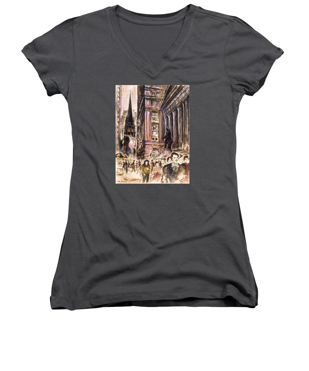 New+york Women's V-Neck featuring the painting New York Wall Street - Fine Art Painting by Peter Potter