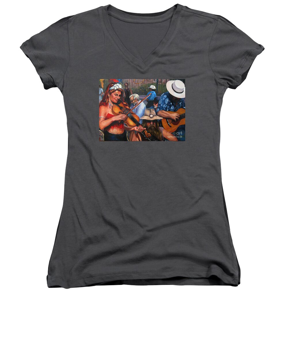 New Orleans Women's V-Neck featuring the painting Washboard Lissa on Fiddle by Beverly Boulet