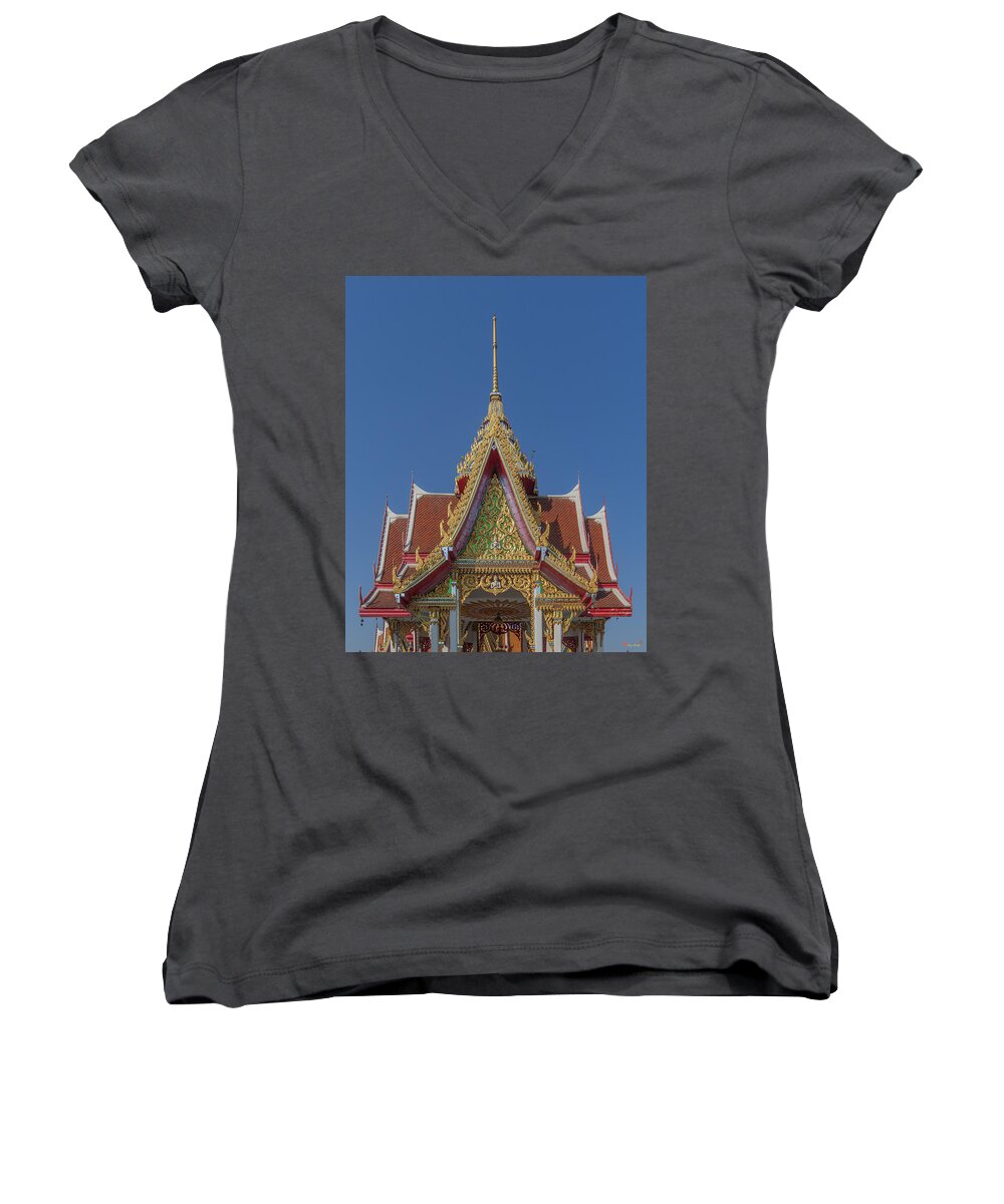 Temple Women's V-Neck featuring the photograph Wat Bukkhalo Central Roof-top Pavilion Gable DTHB1810 by Gerry Gantt