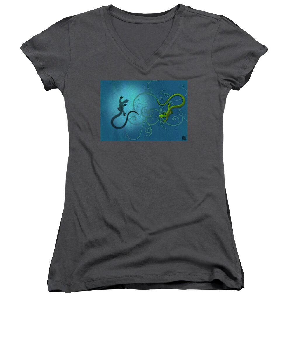 Gecko Women's V-Neck featuring the digital art water colour print of twin geckos and swirls Duality by Sassan Filsoof