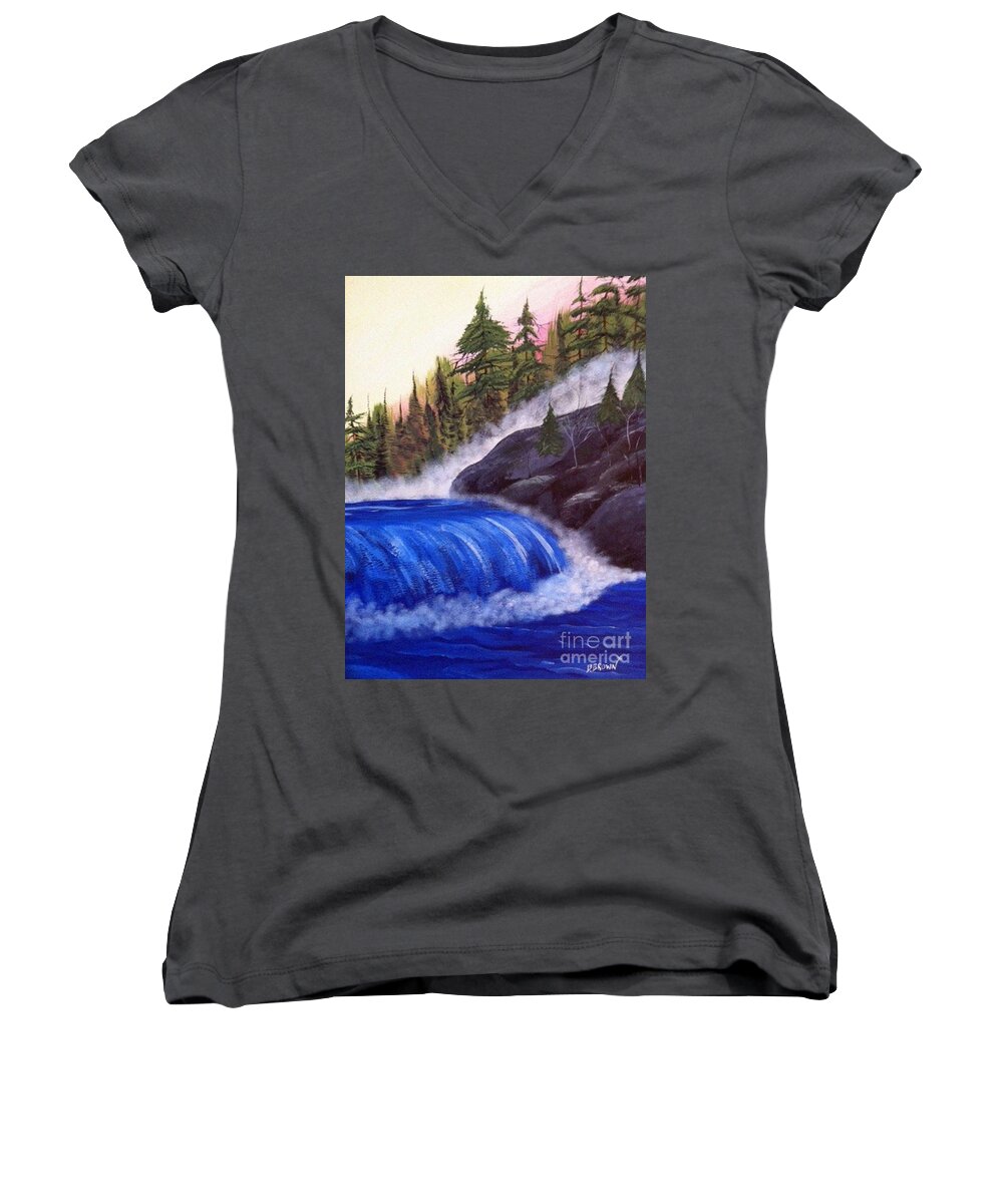 Landscape Women's V-Neck featuring the painting Water Fall by Rocks by Brenda Brown