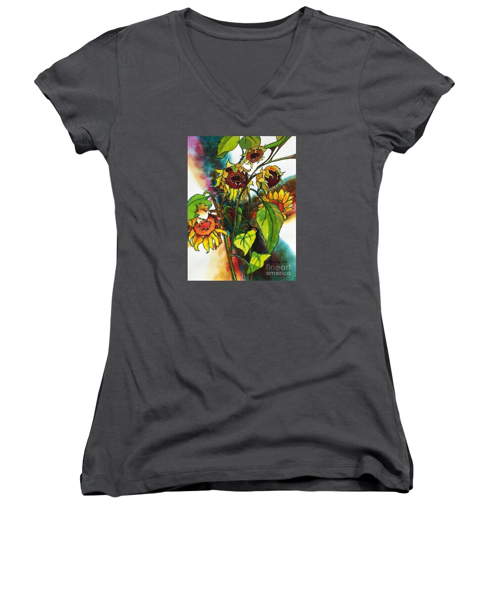 Paintings Women's V-Neck featuring the painting Sunflowers on the Rise by Kathy Braud