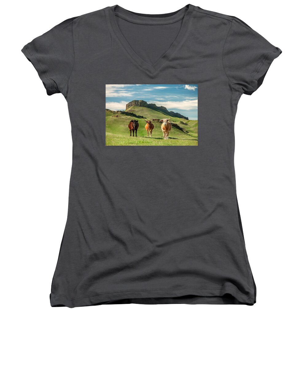 Cattle Women's V-Neck featuring the photograph Western Longhorns by Todd Klassy