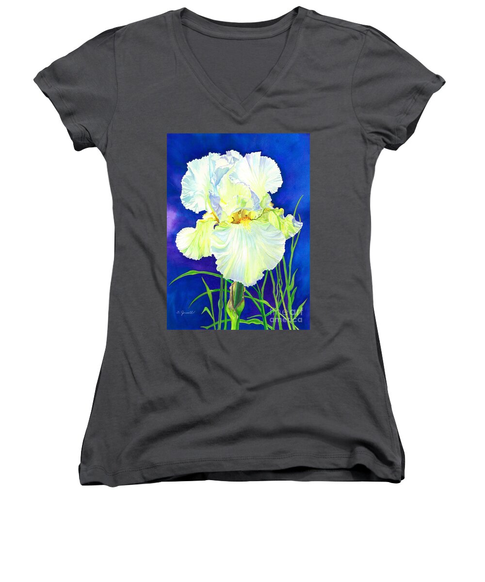 Flower Women's V-Neck featuring the painting White Iris by Barbara Jewell