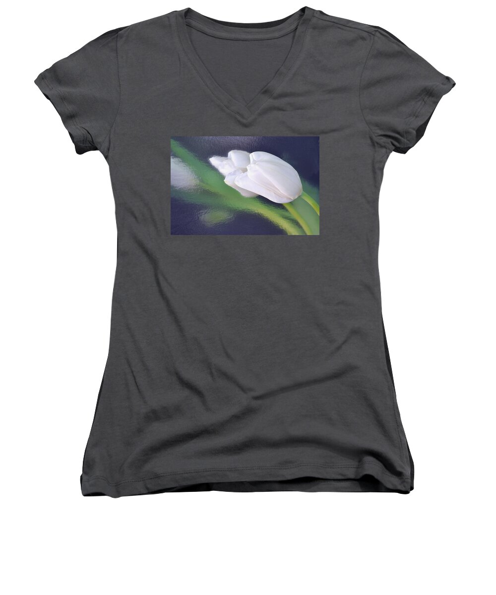 Flower Women's V-Neck featuring the photograph White Tulip Reflected in Dark Blue Water by Phyllis Meinke