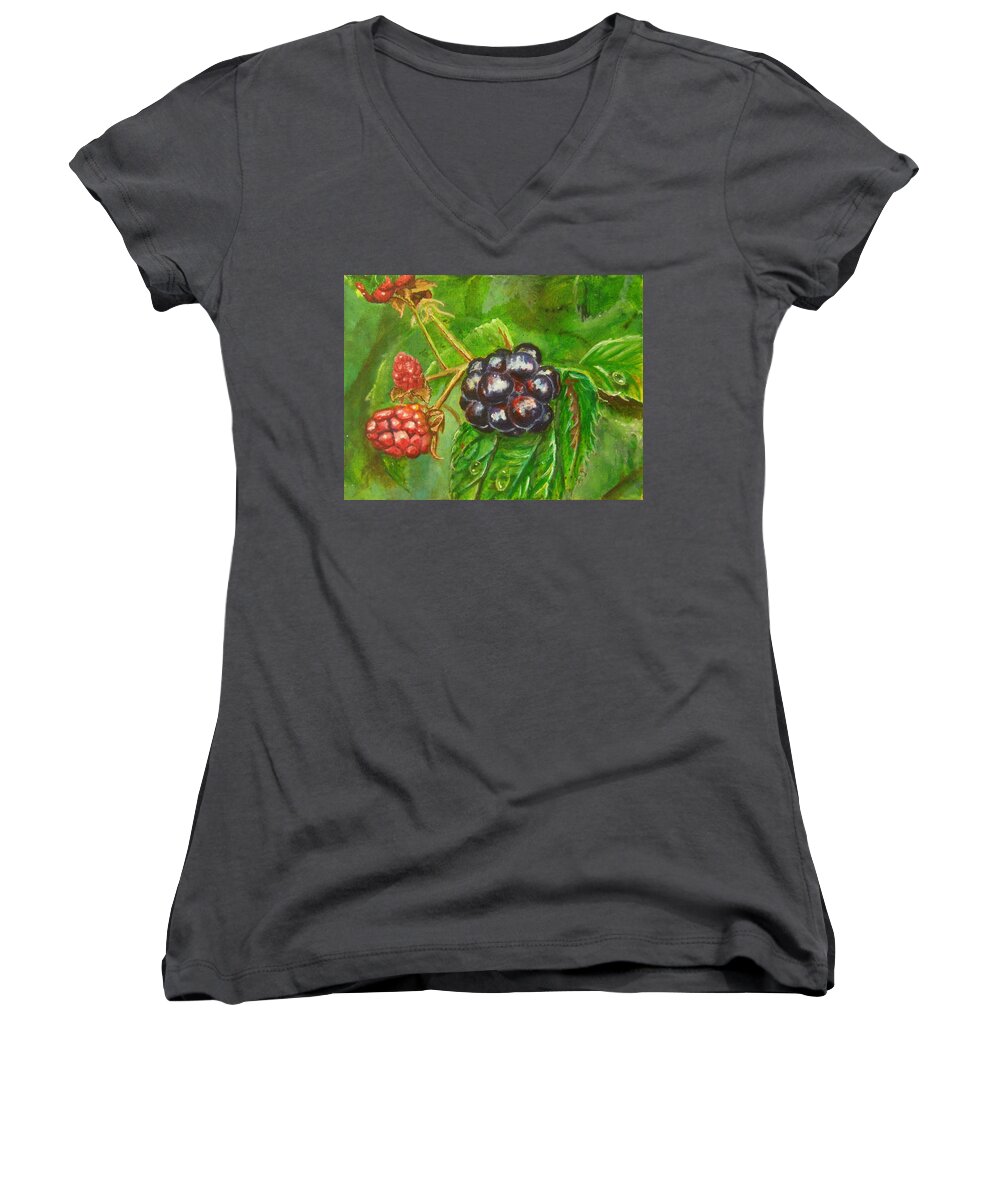 Spring Women's V-Neck featuring the painting Wild BLackberries by Nicole Angell