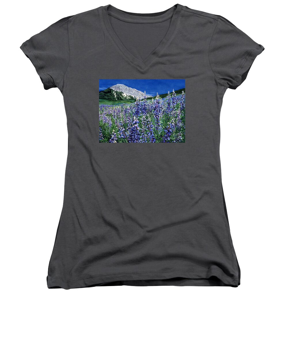 Rocky Mountain Biological Laboratory Women's V-Neck featuring the painting Wild Lupine by Barbara Jewell