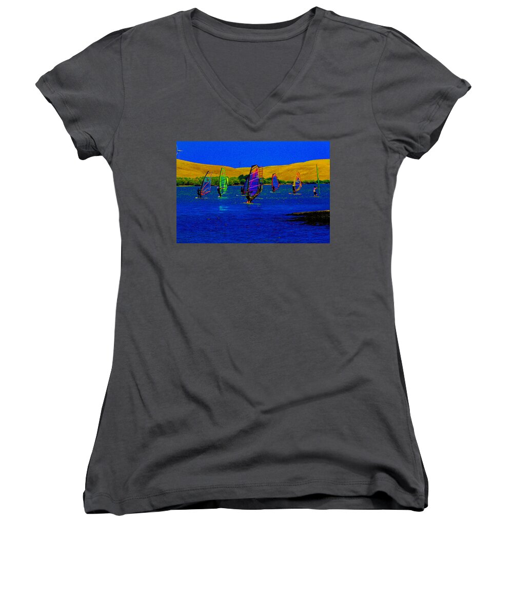 Windsurfing Women's V-Neck featuring the digital art Wind Surf Lessons by Joseph Coulombe