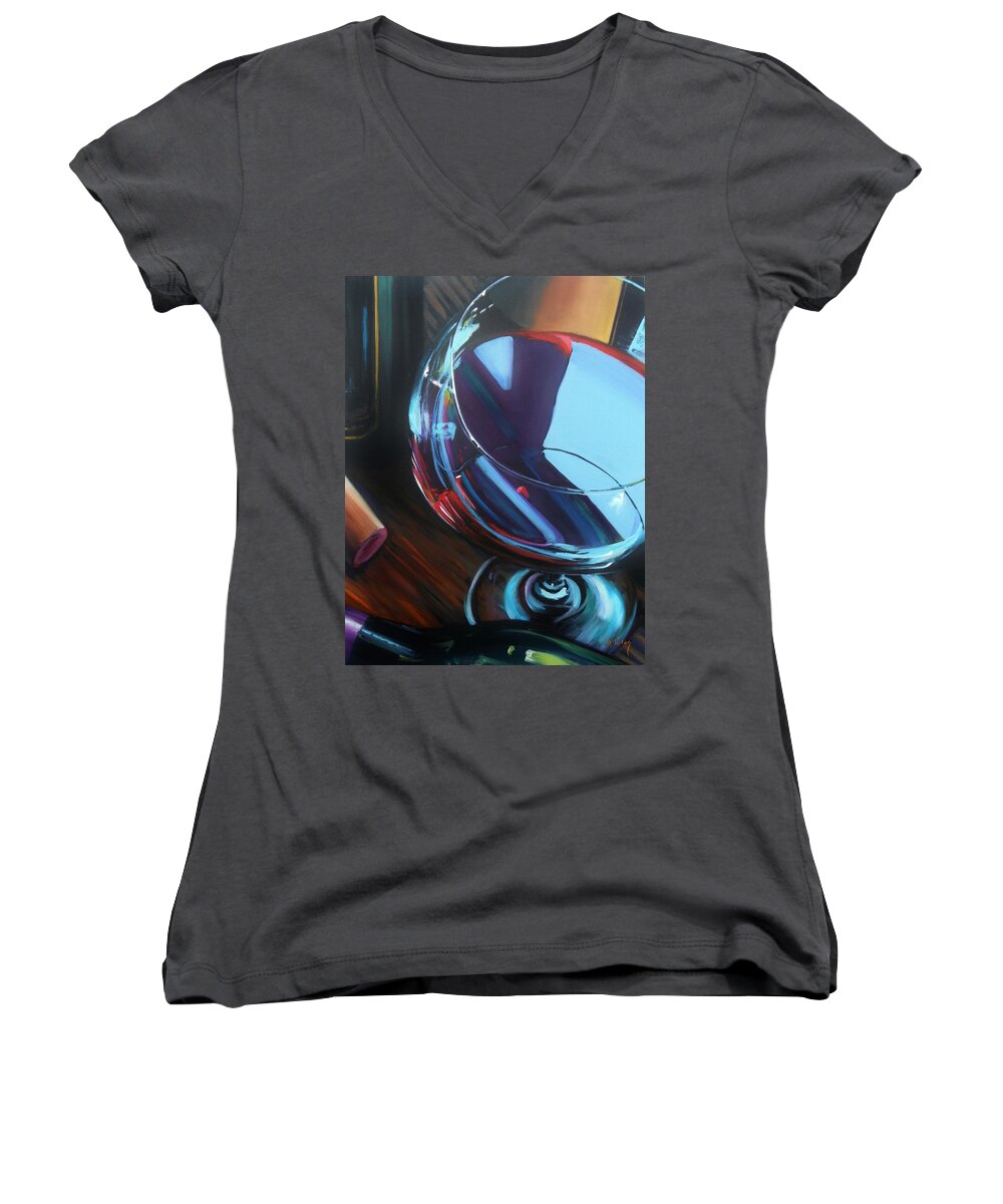 Wine Women's V-Neck featuring the painting Wine Reflections by Donna Tuten