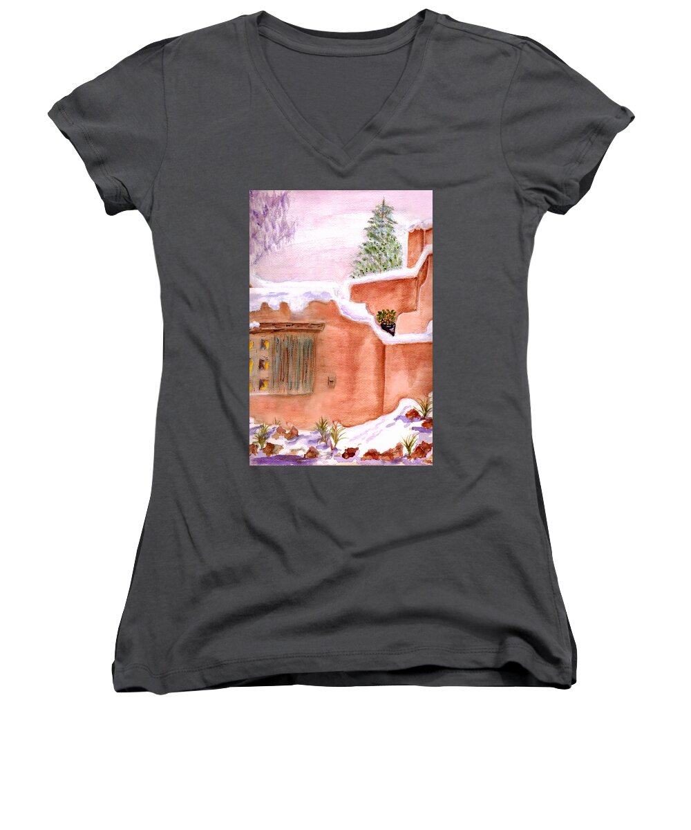 Watercolor Women's V-Neck featuring the painting Winter Adobe by Paula Ayers