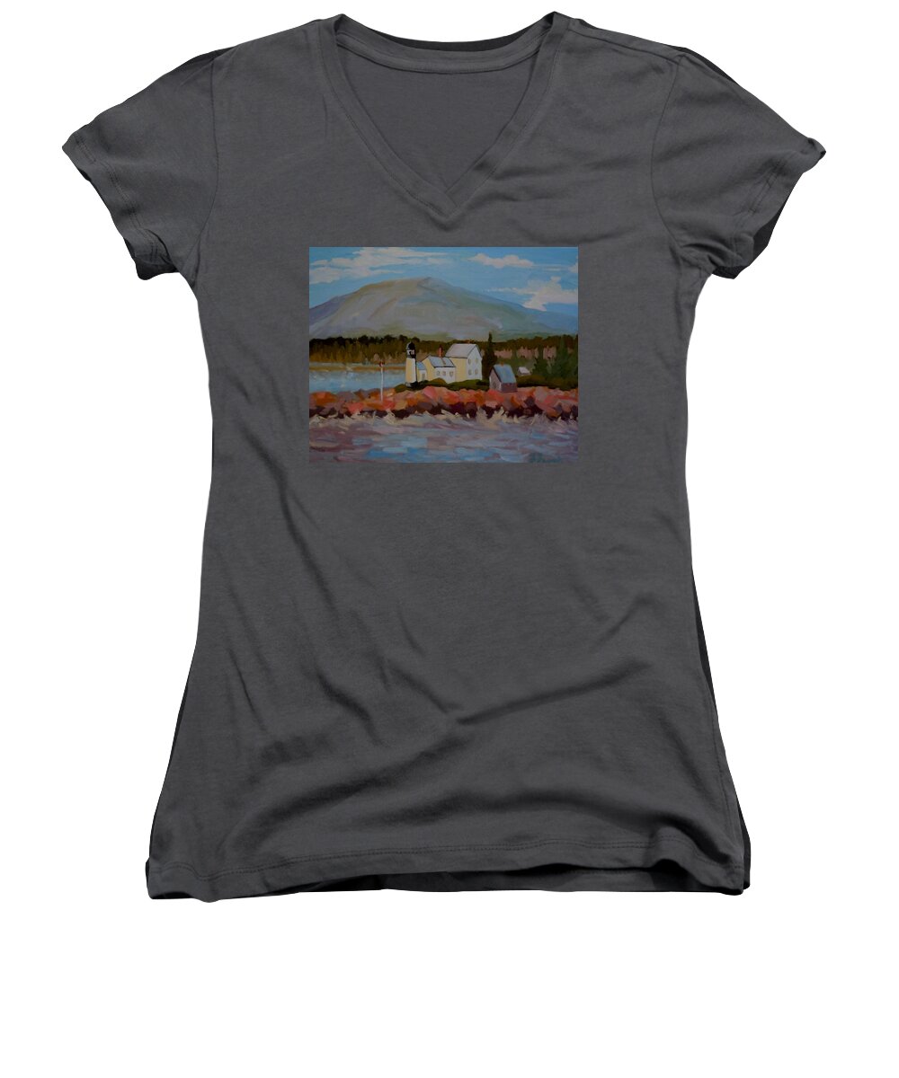 Maine Women's V-Neck featuring the painting Winter Harbor Light by Francine Frank