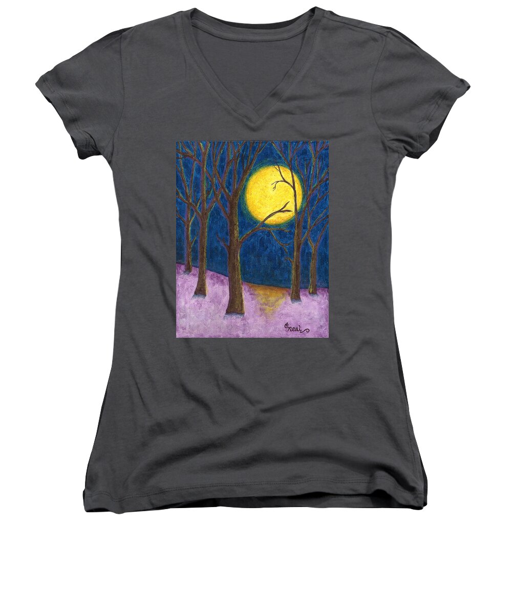 Winter Moon Women's V-Neck featuring the painting Winter Moon by Carol Neal