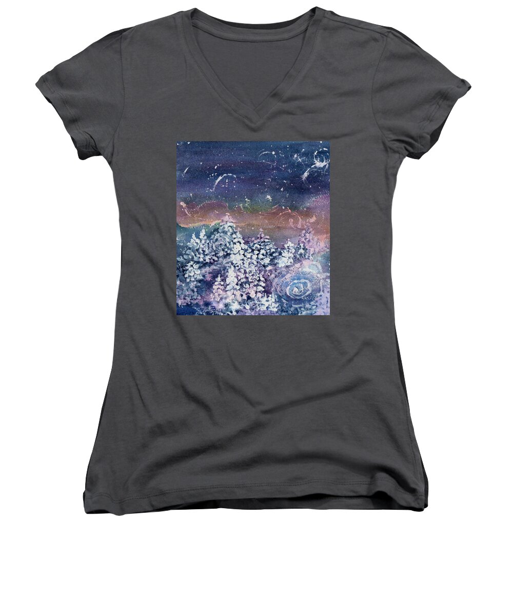 Winter Women's V-Neck featuring the painting Winter Solstice by Kathy Bassett